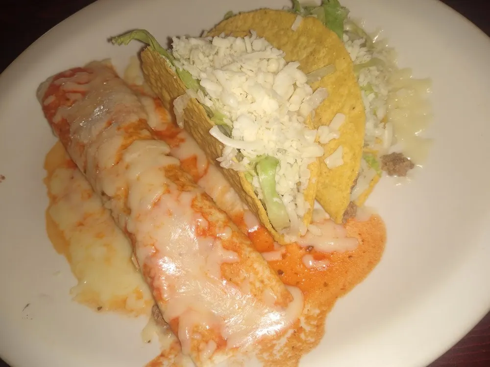 Two Hard Shell Beef Tacos and a Burrito